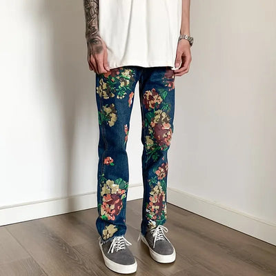 Fashion-Forward Men's Artisan Floral Fringed Jeans Indigo