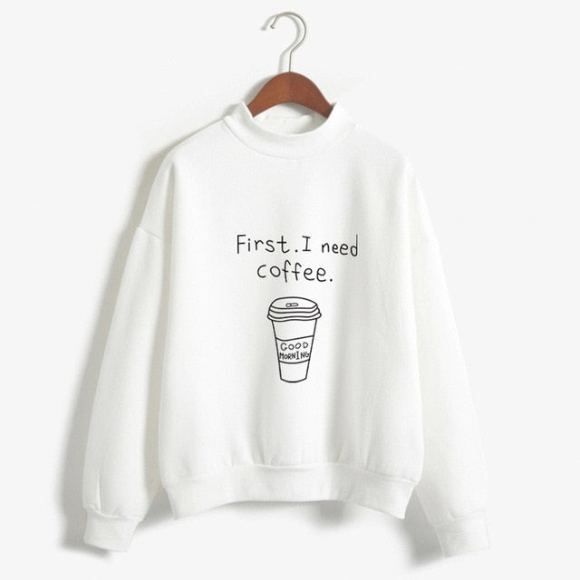 Kawaii Coffee Lover's Harajuku Style Fleece Turtleneck Hoodie for Women