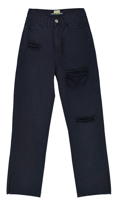 Women's Distressed High-Rise Straight-Leg Denim Pants