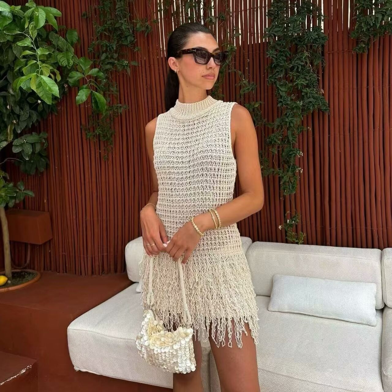 Chic Sleeveless Knitted Vest Skirt with Stylish Tassels