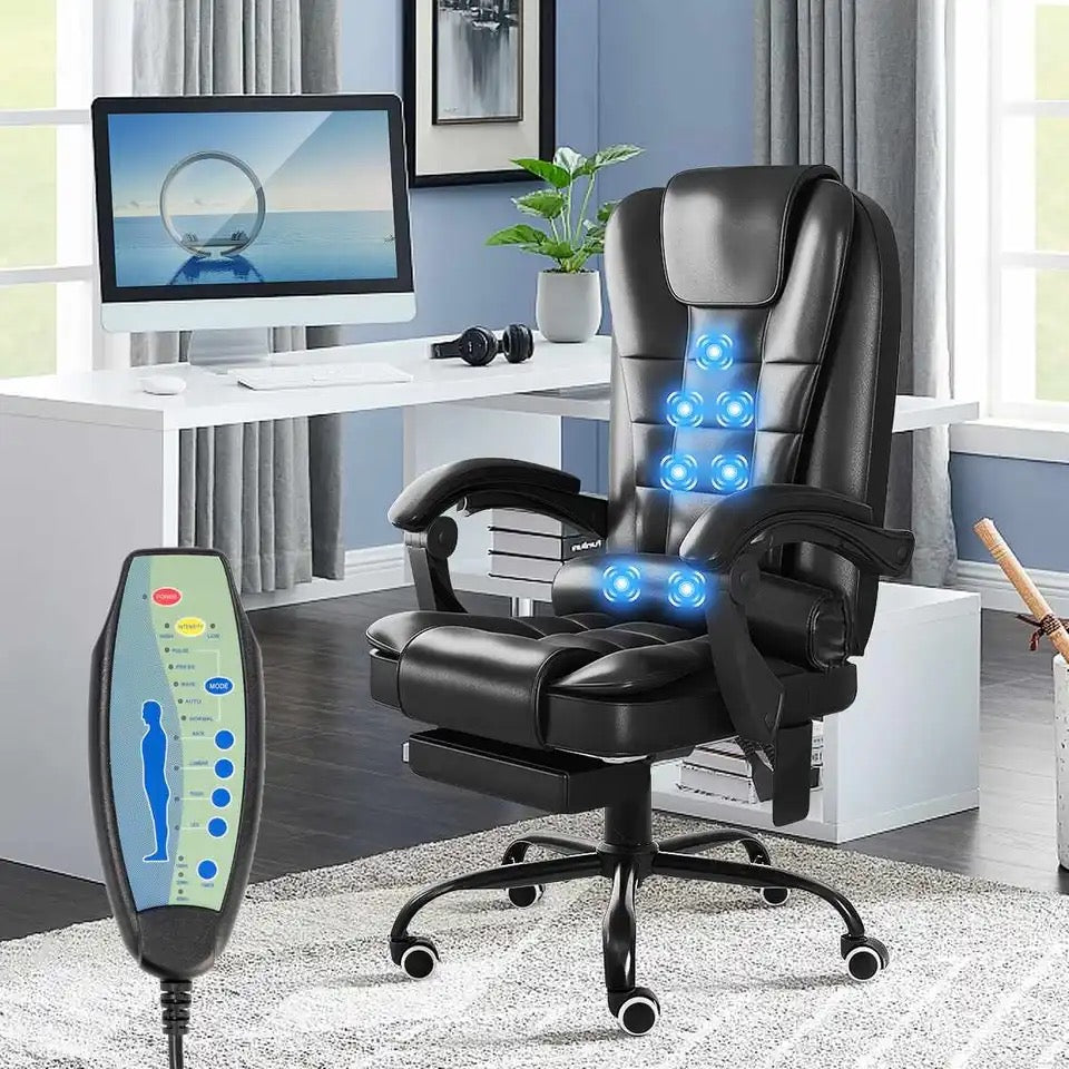 Ergonomic Executive Office Chair with Massage Function, Adjustable Height, and Retractable Footrest - Premium Comfort in Black PVC Leather