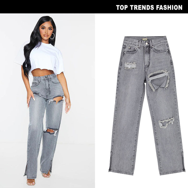 Chic Women's High Waist Sand Gray Flared Denim Trousers with Ripped Details and Foot Slit