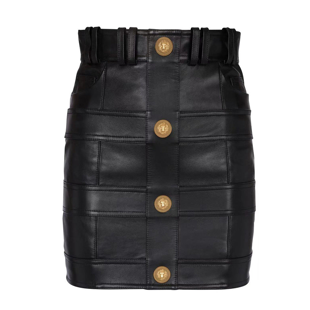 Chic PU Leather Spliced Round Neck Cardigan with Shoulder Pads