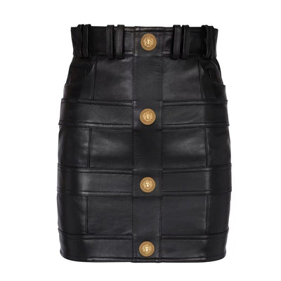 Chic PU Leather Spliced Round Neck Cardigan with Shoulder Pads