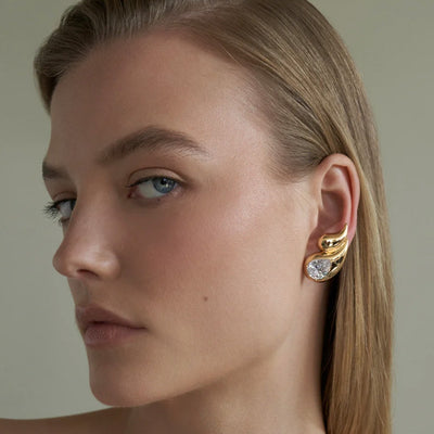 18k gold stainless steel white diamond earrings with double layered droplet shaped diamond inlaid earrings