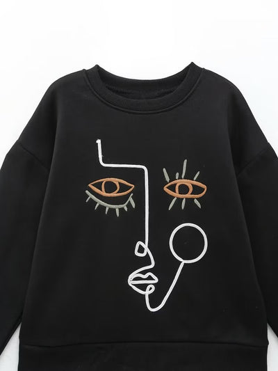 Chic Abstract Embroidered Fleece Hoodie for Women Zevity