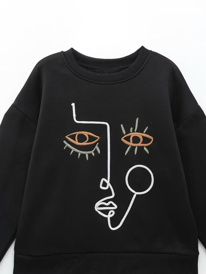 Chic Abstract Embroidered Fleece Hoodie for Women - Zevity Casual Long Sleeve Pullover H3090