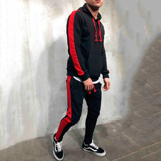 Men's Stylish 2-Piece Casual Tracksuit - Hooded Sweatshirt & Drawstring Pants with Eye-Catching Stripe Design