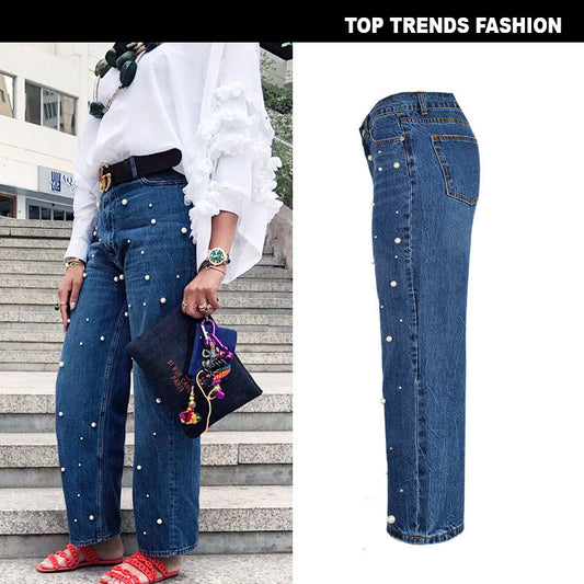 Women's High-Waisted Wide-Leg Flared Jeans With Pearl Details