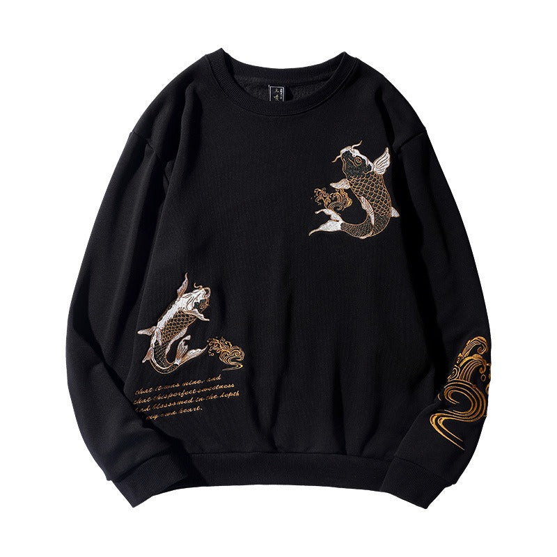 Embroidered Koi Design Heavy Industry Cotton Pullover Sweatshirt for Men - Stylish Loose Fit Round Neck