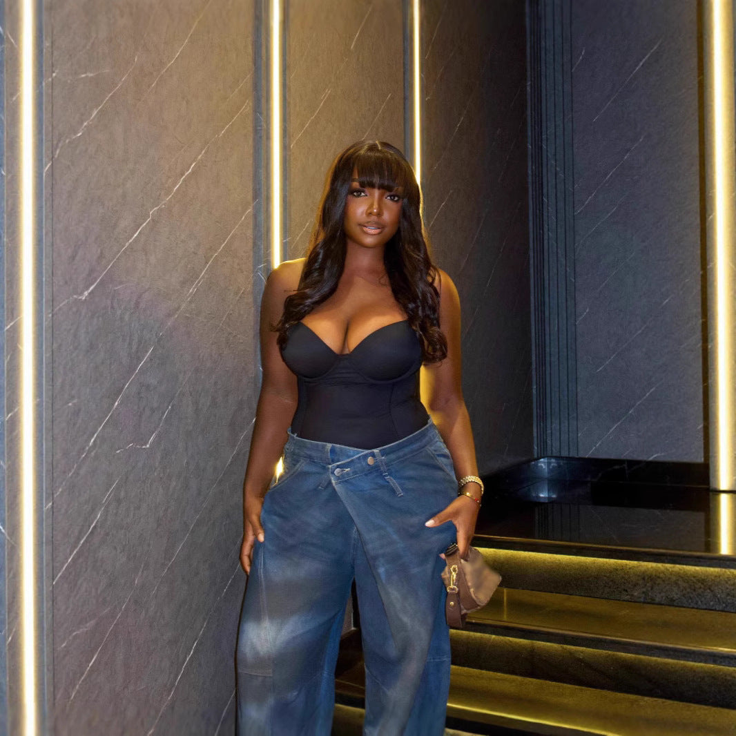 Women’s Streetwear Distressed Washed Denim Pants with Knife Cut Design