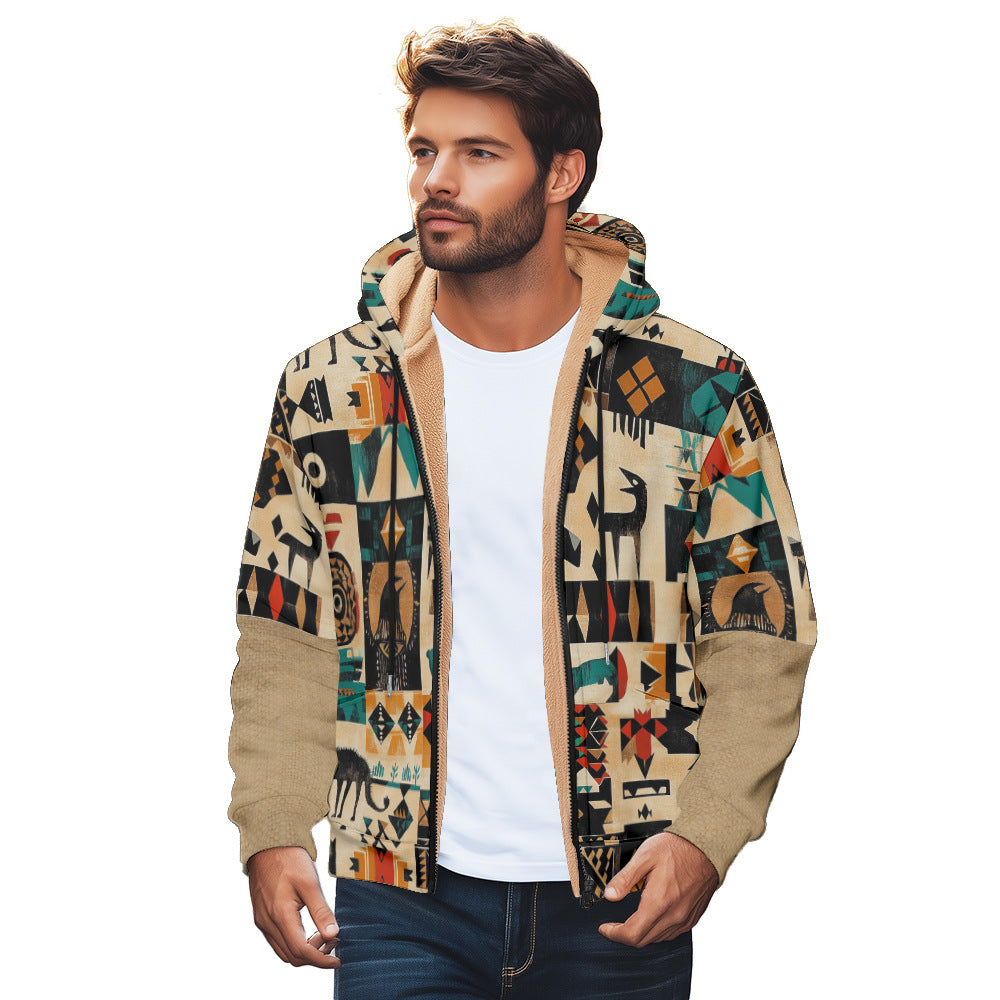 Men's Trendy Hooded Winter Jacket with 3D Plaid Pattern and Cozy Fleece Lining