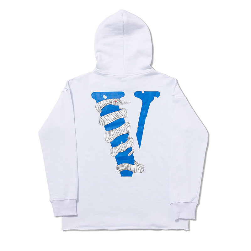 Blue Snake Print Big V Logo Unisex Loose Hoodie