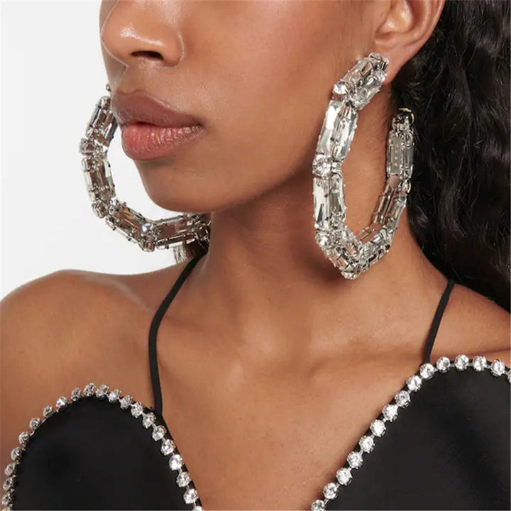 Luxury Crystal Large Geometric Round Hoop Earrings Dinner Jewelry for Women Rhinestone Pendant Ring Circle Earrings Accessories