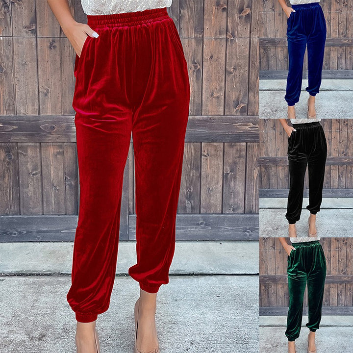 Chic Korean Velvet Women's Straight Leg Lounge Trousers with Stretchy Waistband