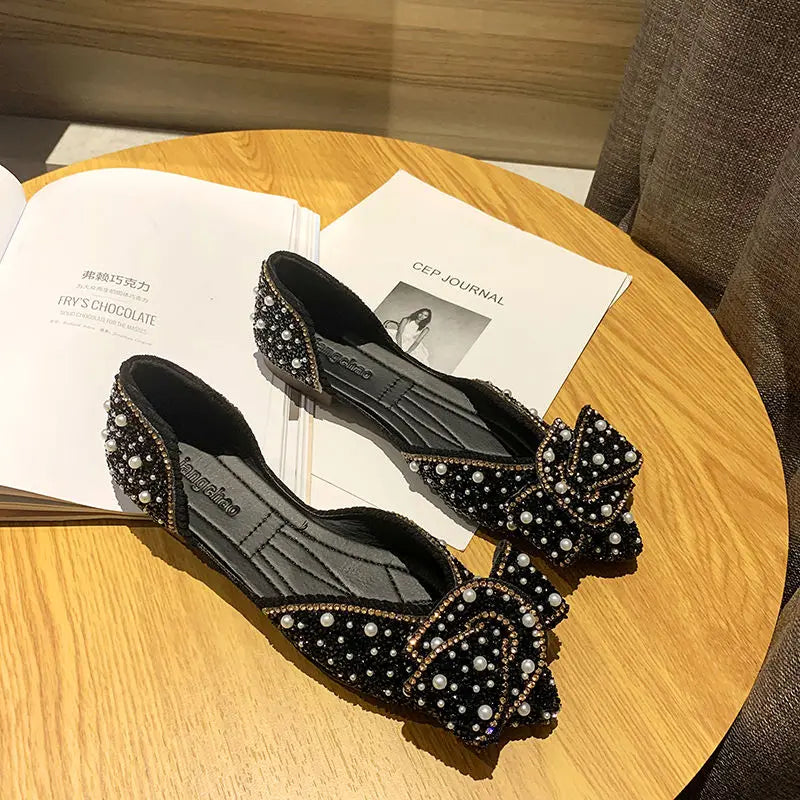 Sparkling Green Pointed Toe Flats with Rhinestones and Crystals - Women's Summer Pearl Footwear