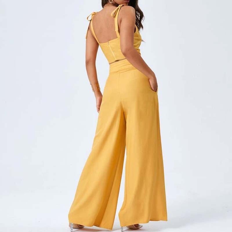 Chic Open Back Suspender Top & Flowing Wide Leg Pants Two-Piece Set for Women - Modern European and American Fashion