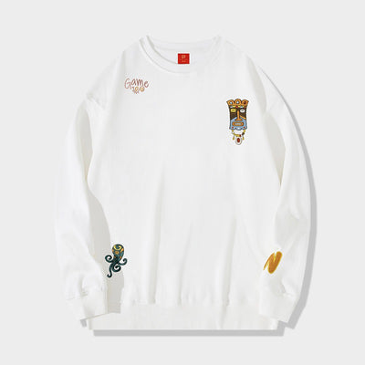Cultural Charm Cartoon Embroidered Men's Long Sleeve Sweatshirt
