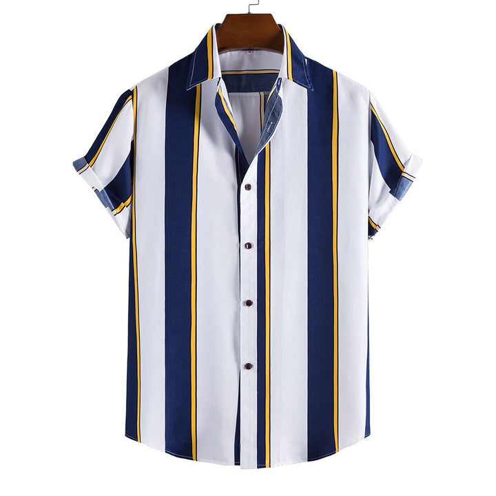 Men's Tropical-Inspired Short Sleeve Striped Cotton Blend Shirt