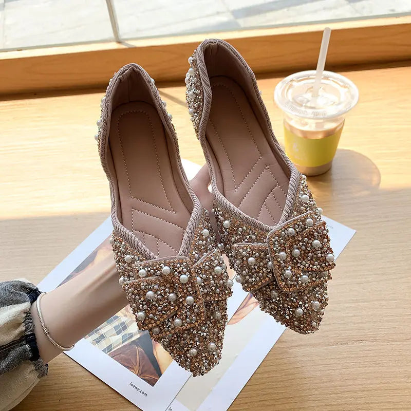 Sparkling Green Pointed Toe Flats with Rhinestones and Crystals - Women's Summer Pearl Footwear