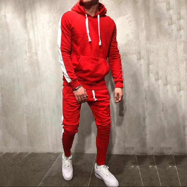 Men's Stylish 2-Piece Casual Tracksuit - Hooded Sweatshirt & Drawstring Pants with Eye-Catching Stripe Design