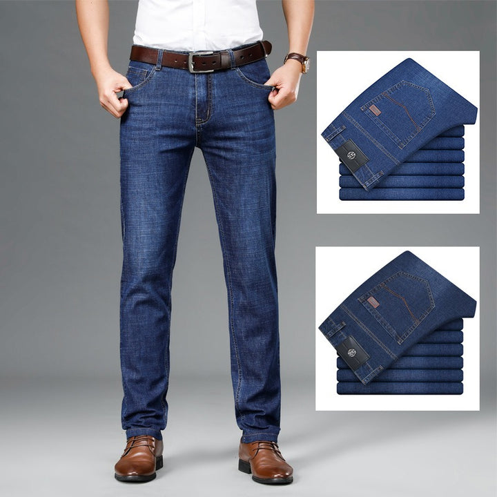 Men's Relaxed Fit Mid-Rise Straight-Leg Cotton Jeans with Stretchy Waistband