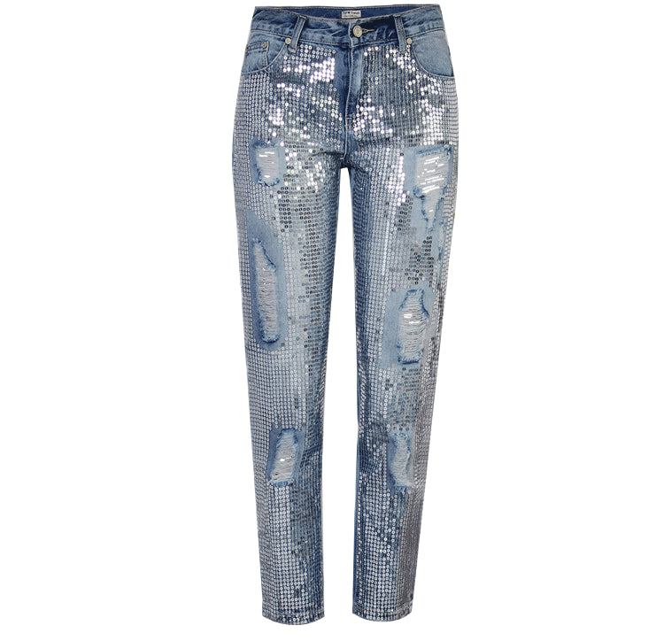 Women's Light Wash Distressed Metallic Embroidered Straight Leg Denim Jeans with Ripped Details