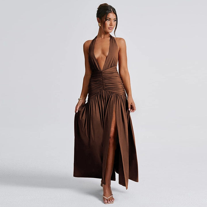 Elegant Backless V-Neck Maxi Dress with Playful Pleated Slit for Women