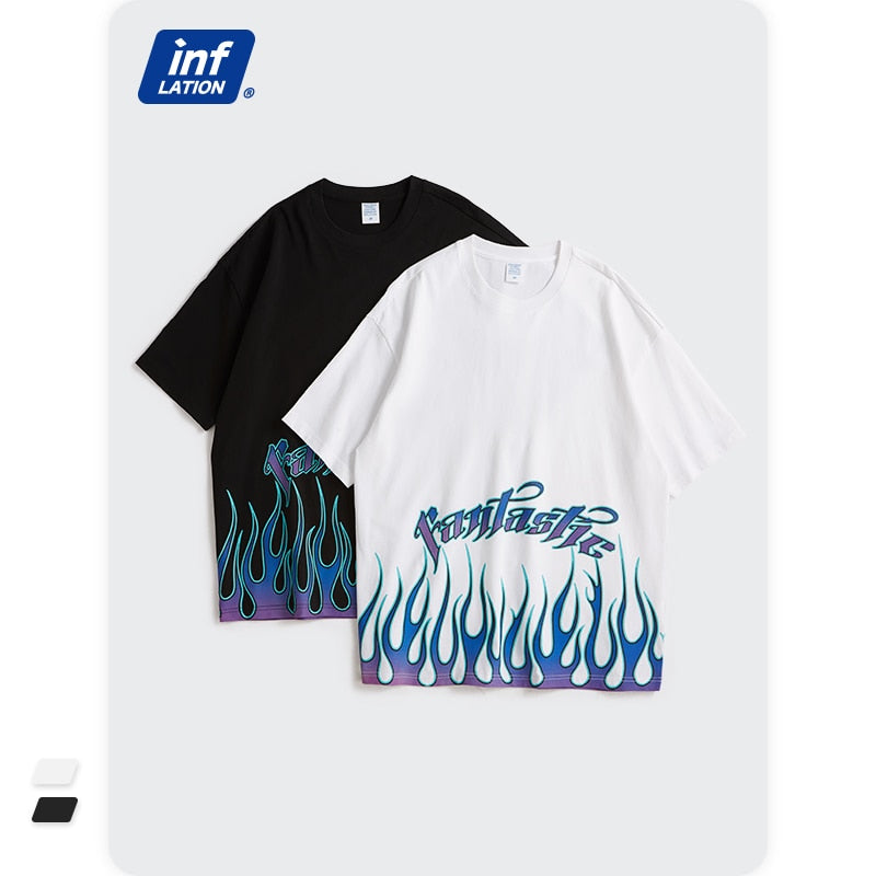 Men's Black Oversized Tee with Bold Flame Print Design