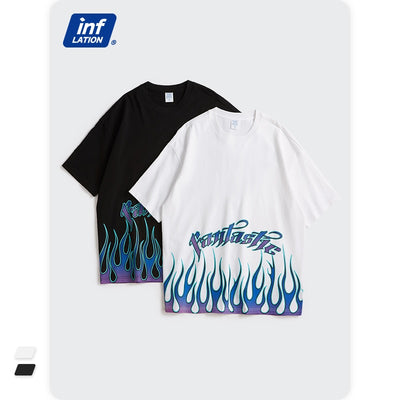 Men's Black Oversized Tee with Bold Flame Print Design