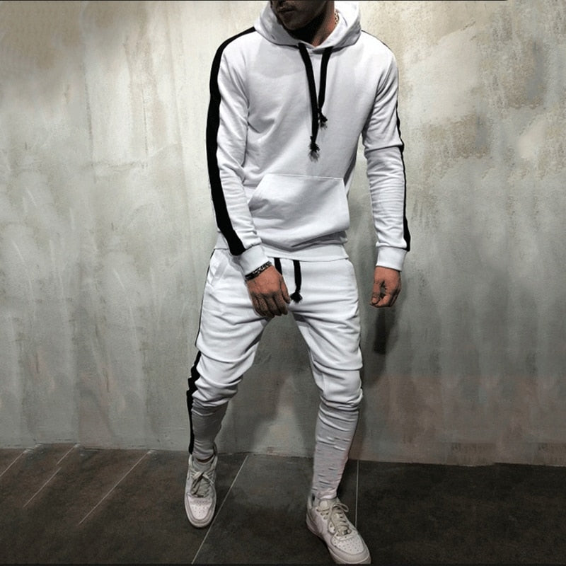 Men's Stylish 2-Piece Casual Tracksuit - Hooded Sweatshirt & Drawstring Pants with Eye-Catching Stripe Design