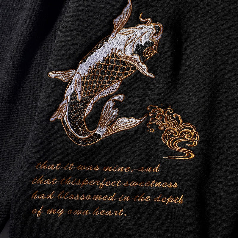 Embroidered Koi Design Heavy Industry Cotton Pullover Sweatshirt for Men - Stylish Loose Fit Round Neck