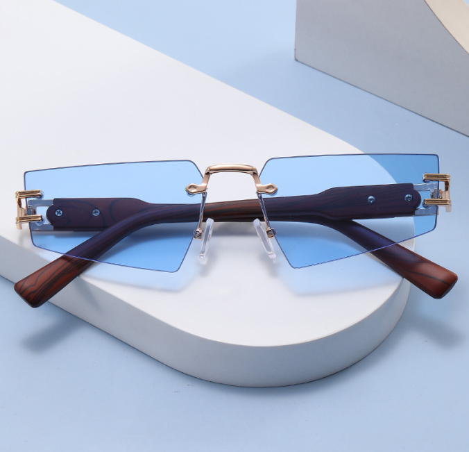 Frameless Gray Sunglasses with Wood Grain Legs