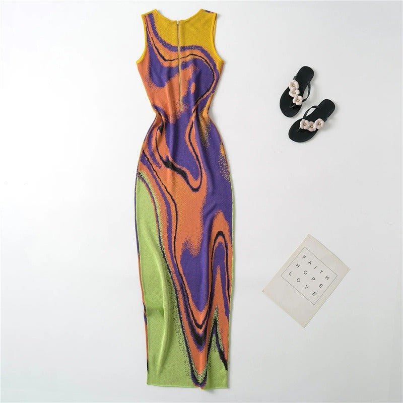 Chic Abstract Pattern Jacquard Dress - Form-Fitting, Sleeveless, Round Neck, Body-Con Style