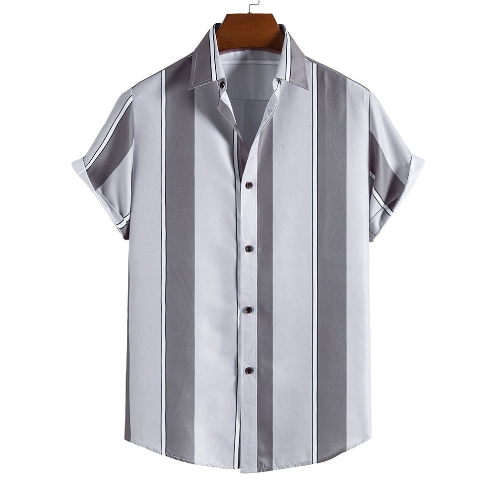 Men's Tropical-Inspired Short Sleeve Striped Cotton Blend Shirt