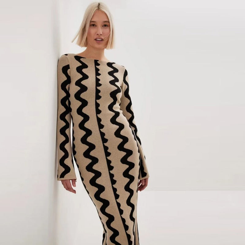 Chic Knitted Long Sleeve Flare Dress for Women Elegant Skirt