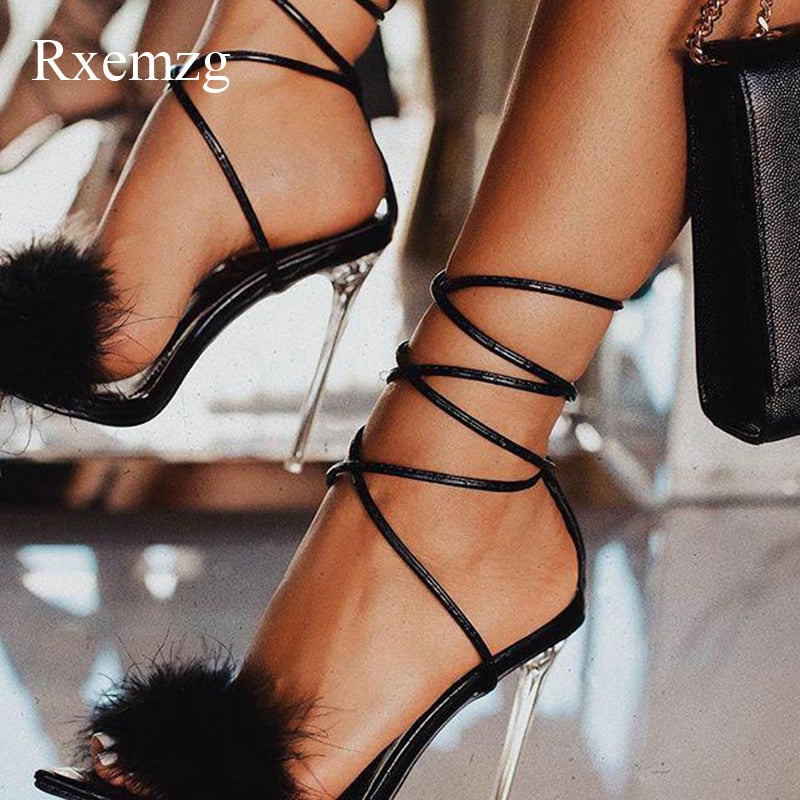 Exotic Elegance: Pointed Toe  Heels with Feather Accents and Clear Straps