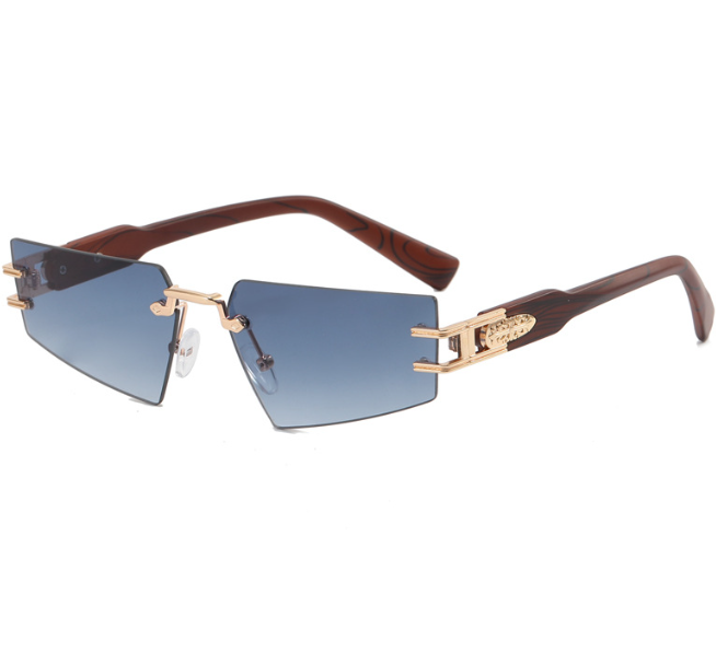 Frameless Gray Sunglasses with Wood Grain Legs