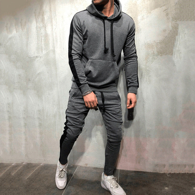 Men's Stylish 2-Piece Casual Tracksuit - Hooded Sweatshirt & Drawstring Pants with Eye-Catching Stripe Design