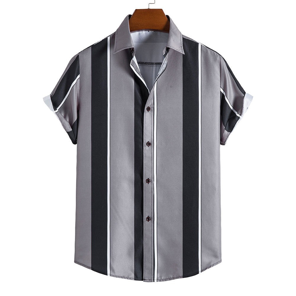 Men's Tropical-Inspired Short Sleeve Striped Cotton Blend Shirt