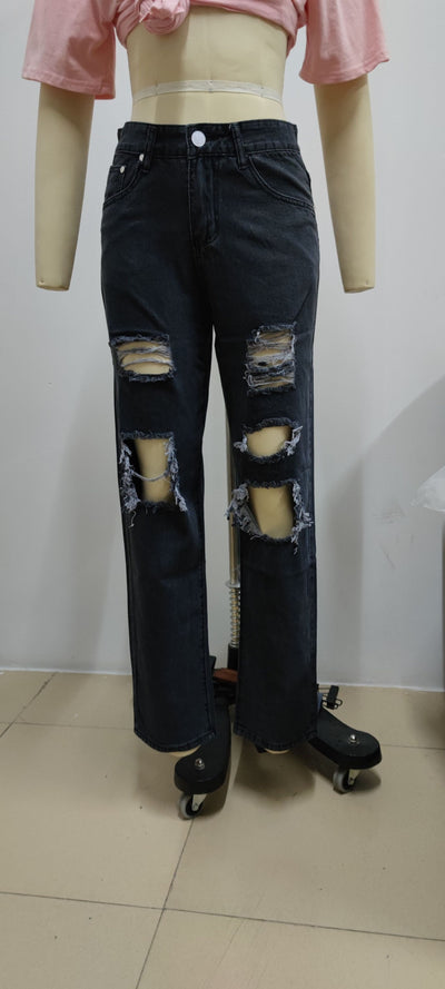 Vintage High Waist Distressed Wide Leg Denim Jeans for Women