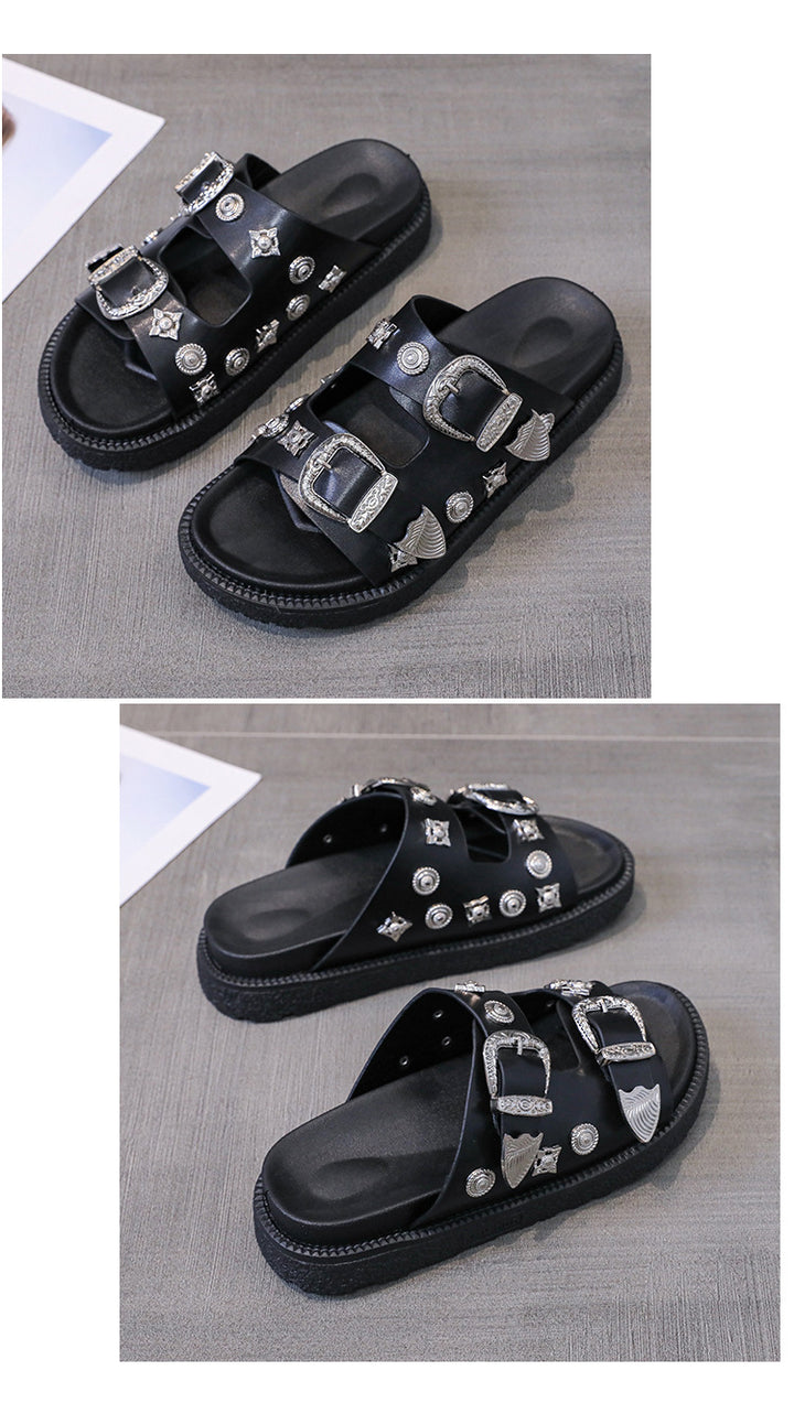 Leather Rivet Buckle Designer Flat Slippers Woman Round Toe Thick Sole Beach Sandal Summer Casual Fashion Mules Shoes