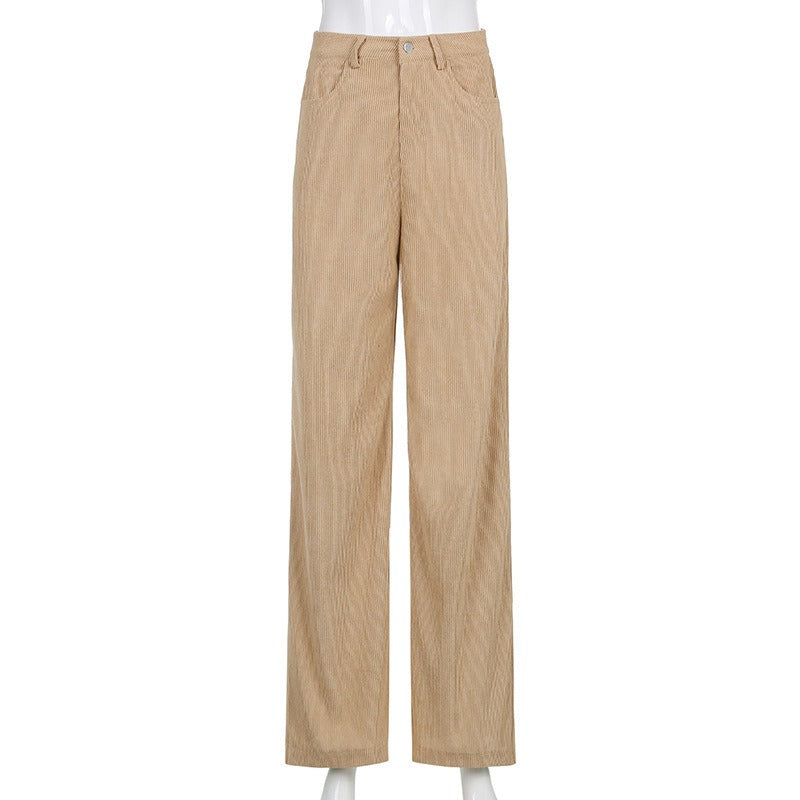 Retro High-Waisted Loose-Fit Wide-Leg Corduroy Trousers for Women