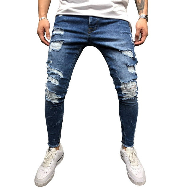 Stylish Striped Distressed Slim Fit Jeans for Men - Urban Fashion Must-Have