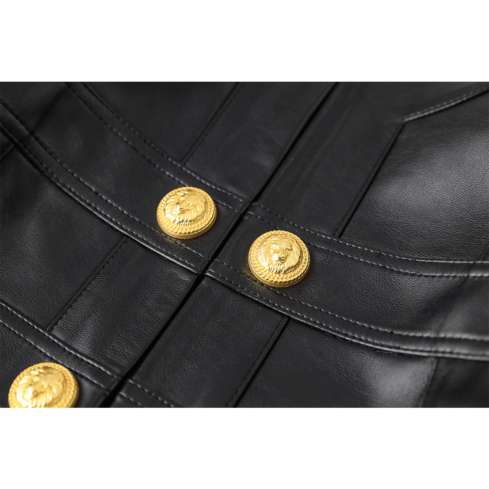 Chic PU Leather Spliced Round Neck Cardigan with Shoulder Pads