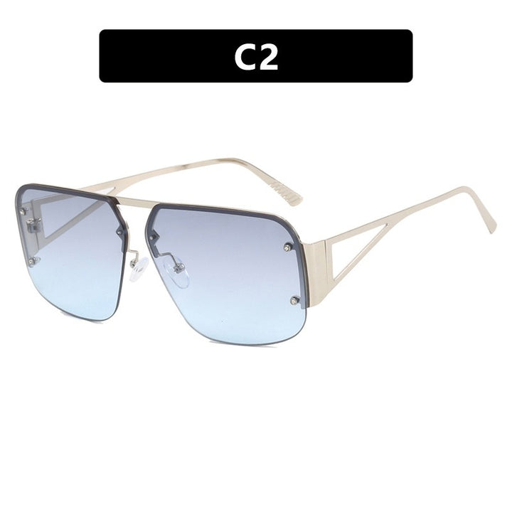 Versatile Half Frame Square Sunglasses with Blue Lenses and Gold Metal Frame