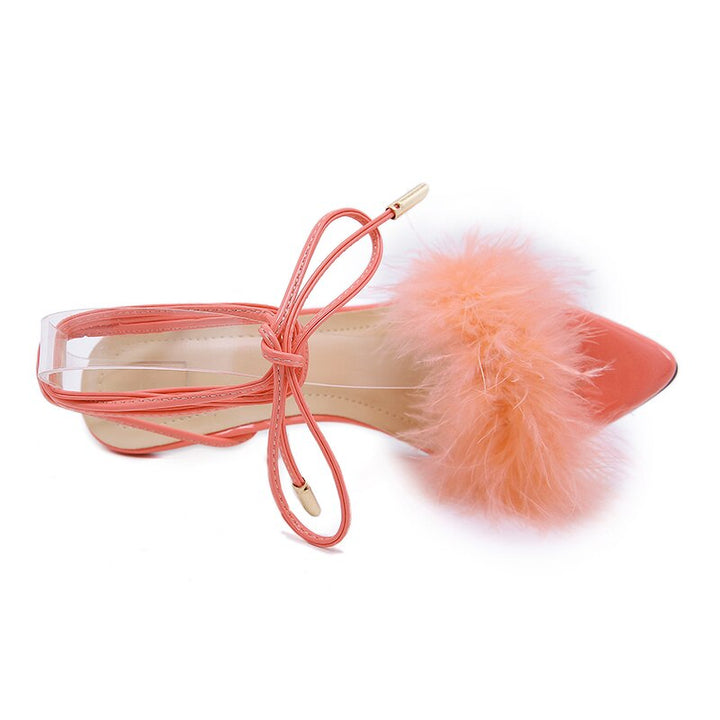 Exotic Elegance: Pointed Toe  Heels with Feather Accents and Clear Straps