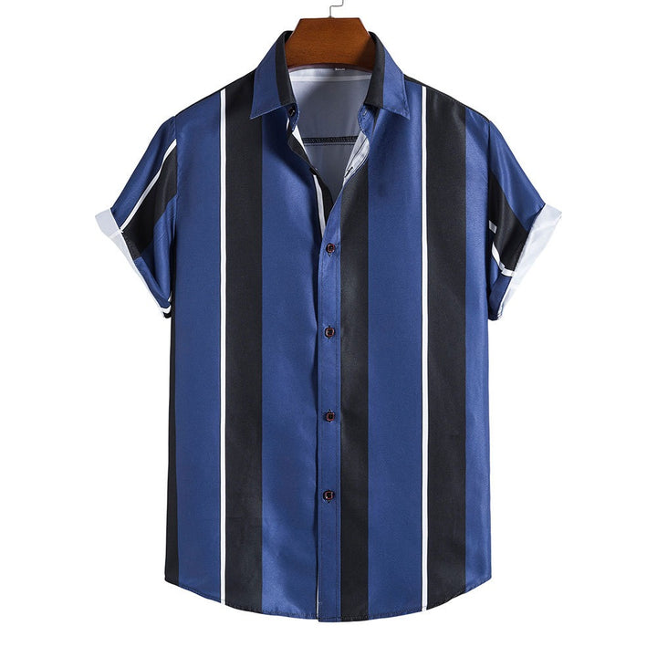 Men's Tropical-Inspired Short Sleeve Striped Cotton Blend Shirt