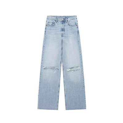Trendy Women's High-Waisted Wide Leg Denim Jeans Distressed