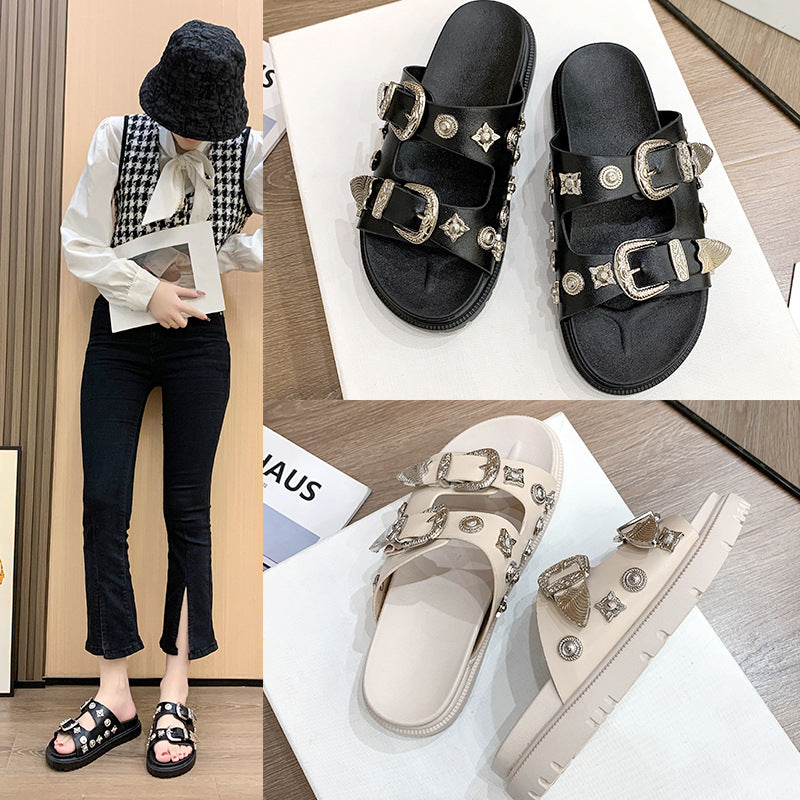 Leather Rivet Buckle Designer Flat Slippers Woman Round Toe Thick Sole Beach Sandal Summer Casual Fashion Mules Shoes